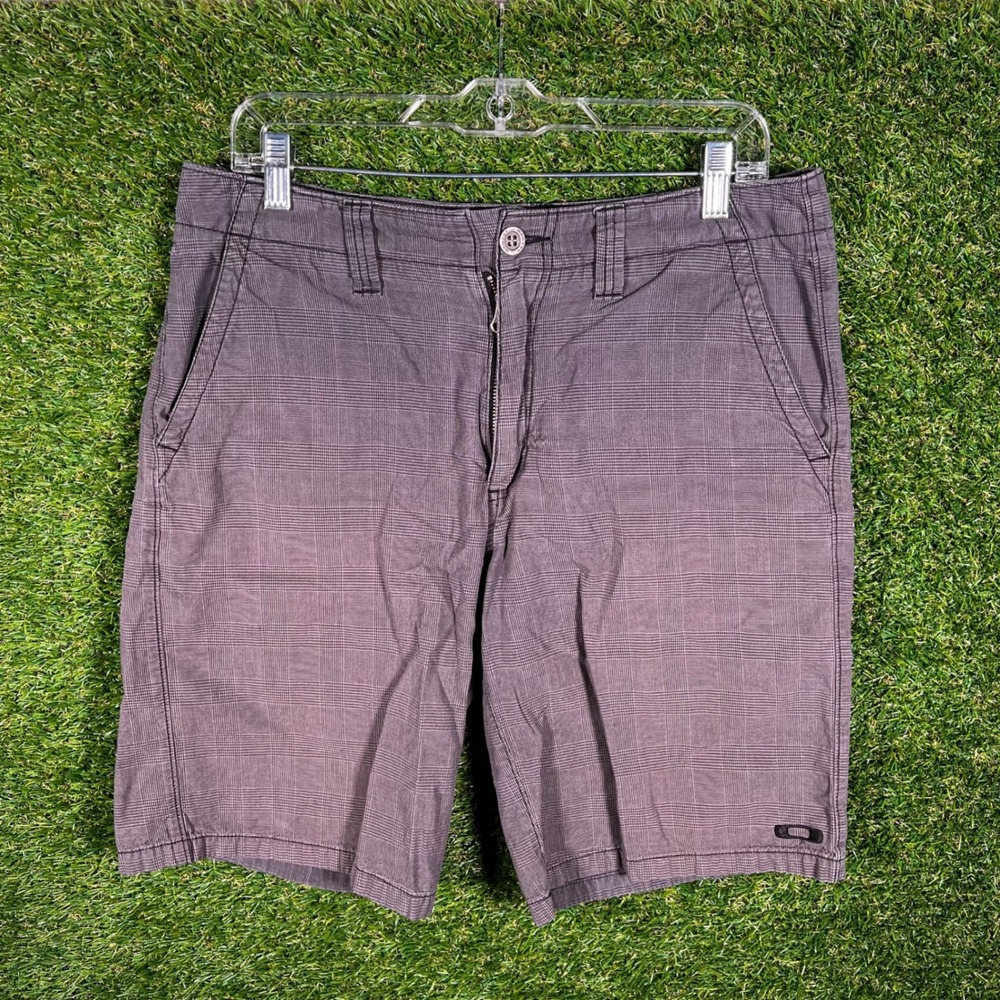 Oakley Mens Chino‎ Shorts Size 33 Charcoal Grey Micro Plaid Flat Front Y2K
